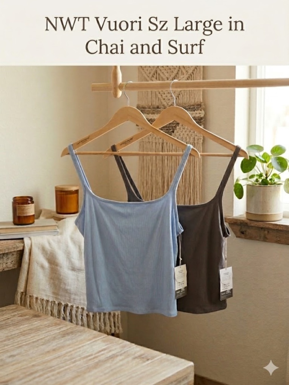 🔥🏄♀️ Bundle of 2 NWT Vuori Pose Camis Sz Large in Chai and Surf